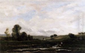 Weite, Hugelige, Mit Einzelnen Baumgruppen Bewachsene Landschaft by Charles-Francois Daubigny