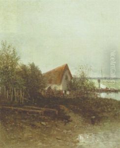 A Figure By A Cottage by Charles-Francois Daubigny