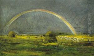 Sheep In A Landscape With A Rainbow Beyond