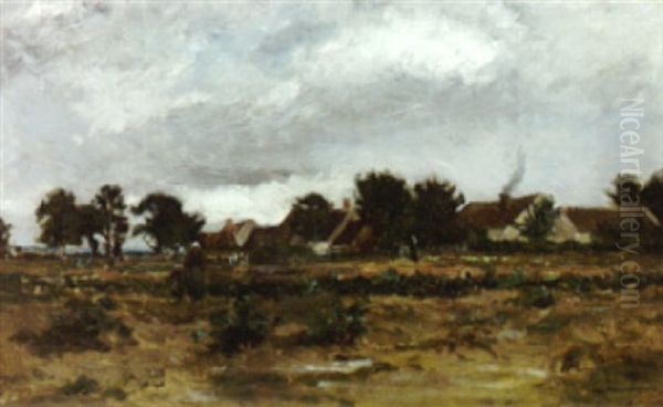 A Stormy Landscape With Figures In A Field And A View Of A Village - view 1