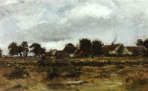 A Stormy Landscape With Figures In A Field And A View Of A Village by Charles-Francois Daubigny