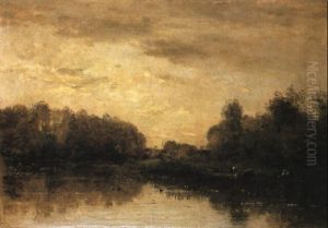 Wooded River Landscape With Figures In Boats by Charles-Francois Daubigny