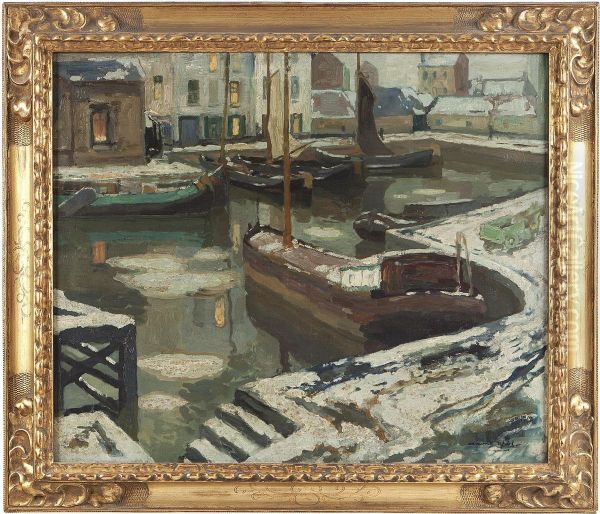 Barges In A Harbour In Winter - view 1