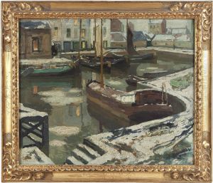 Barges In A Harbour In Winter by Armand Apol