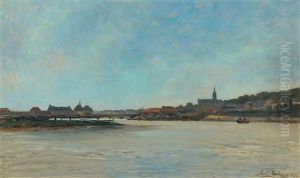 View Of A Small Town On A River With Bridge