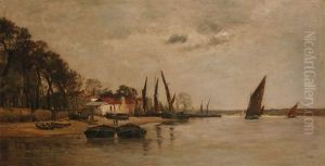 Bateaux En Bord De Riviere by Karl Pierre Daubigny