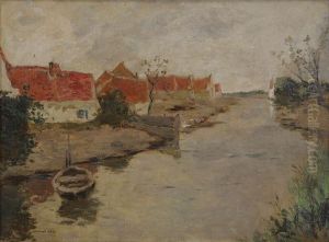 Vaartgezicht Met Bootje En Dorp Op De Achtergrond by Armand Apol