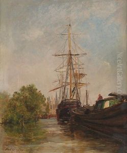 Der Schlepper Zieht Den Mehrmaster Durch Den Flus Zum Meer Der Schlepper Zieht Den Mehrmaster Durch Den Flus Zum Meer