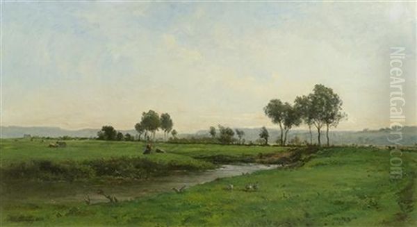 Grosse Flusslandschaft Mit Kuhen Und Gansen - view 1