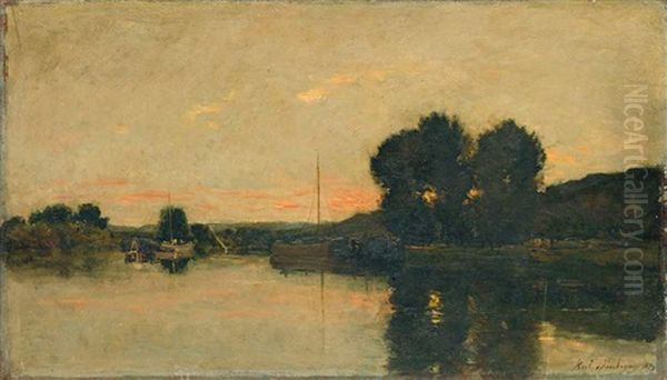Abendliche Flusslandschaft Mit Lastkahnen Und Malerischer Baumgruppe Am Ufer - view 1