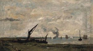 Boats And Barges In The Thames Estuary by Karl Pierre Daubigny