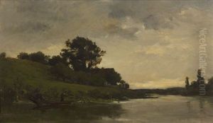 Pecheur En Barque Dans Un Paysage