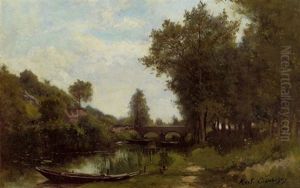 Flusslandschaft Mit Brucke Und Boot by Karl Pierre Daubigny