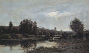Flusslandschaft Mit Fischerboot Flusslandschaft Mit Fischerboot
