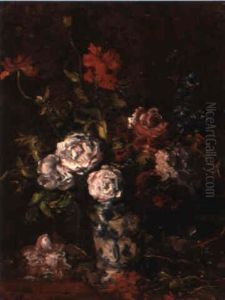 Floral Still Life In A Blue And White Porcelain Vase by Karl Pierre Daubigny