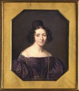 Portrait D'une Jeune Femme En Robe De Soie Violine A Manches Bouffantes Et Coiffee D'un Haut Chignon A Boucles Retombantes Portrait D'une Jeune Femme En Robe De Soie Violine A Manches Bouffantes Et Coiffee D'un Haut Chignon A Boucles Retombantes
