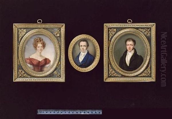 A Lady Wearing Crimson Dress With White Gauze Sleeves, Her Auburn Hair In Ringlets (+ A Gentleman Wearing Dark Green Coat With Black Collar, Yellow Waistcoat And White Cravat Held With Stickpin; Pair) - view 1