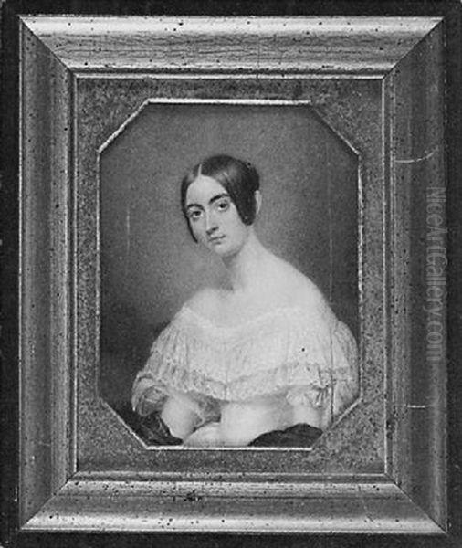 Portrait Of A Lady Seated In Red Chair In White Dress With Lace Collar And Blue Bows On The Sleeves - view 1