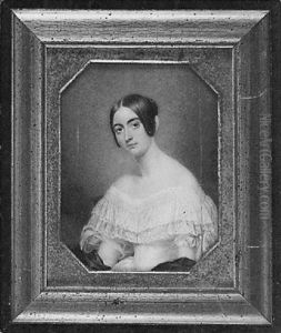Portrait Of A Lady Seated In Red Chair In White Dress With Lace Collar And Blue Bows On The Sleeves Portrait Of A Lady Seated In Red Chair In White Dress With Lace Collar And Blue Bows On The Sleeves