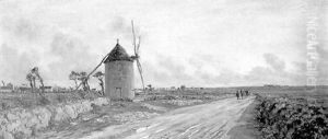 A Windmill In An Extensive Landscape by Andre Eugene Dauchez