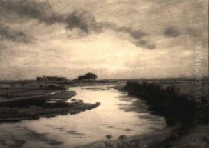 A Slow Flowing River In An Extensive Landscape With Farm House Beyond by Andre Eugene Dauchez