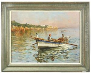 Neapolitan Fisherman At Dawn In The Mediterranean In A Blue, Yellow And White Painted Rowing Boat by Eugene Baptiste Emile Dauphin