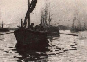 Boating At Dusk by Eugene Baptiste Emile Dauphin