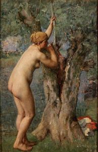 Female Nude Bather In River Landscape