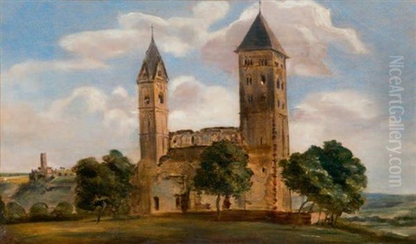 Etude D'eglise Romane Dans Un Paysage Vallonne (study) - view 1