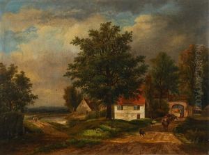 Bergers Et Troupeau Dans Un Paysage Vallonne Et Fermes Le Long D'une Riviere (pair) by Jean-Baptiste Davelooze