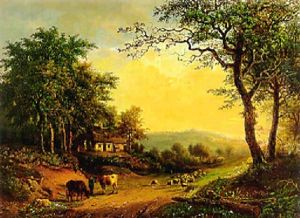 A Panoramic Wooded Landscape With A Herdsman And His Flock On A Sandy Track At Dusk
