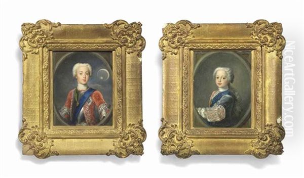 A Pair Of Miniatures: Prince Charles Edward Stuart (1720-1788), Known As Bonnie Prince Charlie Or The Young Pretender, Wearing The Blue Sash And Breast-star Of The Order Of The Garter And The Green Ribbon And Badge Of The Order Of The Thistle; Together Wi - view 1