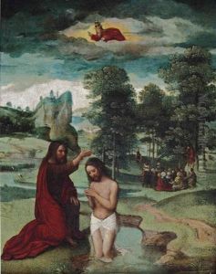 The Baptism Of Christ, Saint John The Baptist Preaching In A Wooded Glen Beyond by Gerard David
