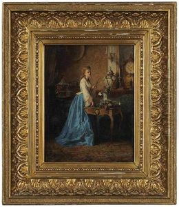 Woman Arranging Flowers In An Interior by Jacques Louis Jules David