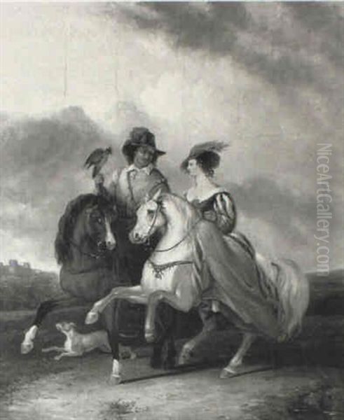 Elegant Figures On Horseback In A Parkland - view 1