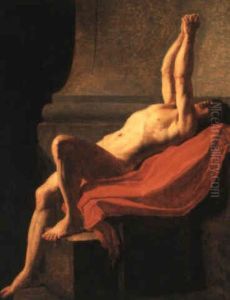 Nude Lying On A Red Cloak, His Arms Raised In An Attitude Of Supplication by Jean Louis David