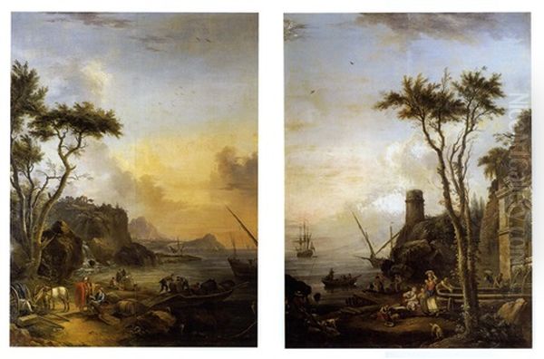 Paysage Maritime Avec Jeunes Femmes A La Fontaine (+ Paysage Maritime Avec Marins Chargeant Un Tonneau Sur Une Barque, 1774; Pair) - view 1