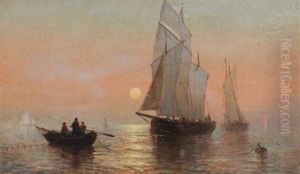 Harbor Scene At Sunrise With Boat And Fisherman by Julian O. Davidson