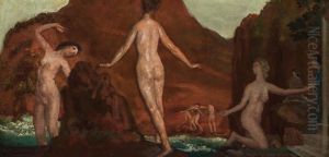 Nudes In A Red Landscape," C. 1915 by Arthur B. Davies