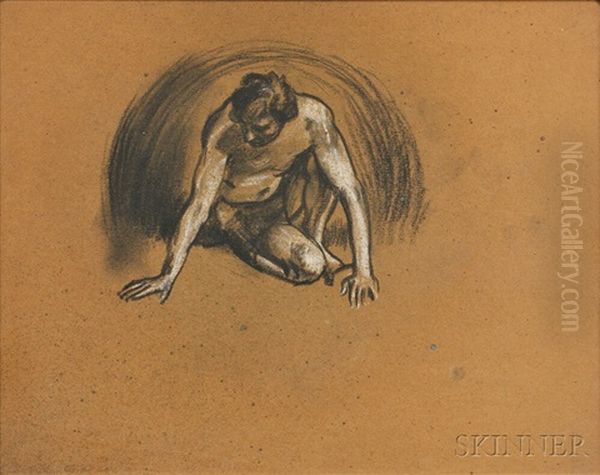 Three Framed Figure Drawings: Crouching Male, Seated Male Nude - view 1