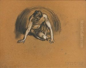 Three Framed Figure Drawings: Crouching Male, Seated Male Nude by Arthur B. Davies
