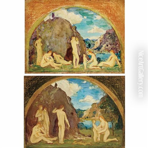 Mural Studies Of Nudes In A Vast Landscape : A Pair - view 1