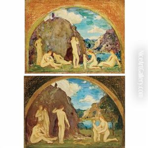 Mural Studies Of Nudes In A Vast Landscape : A Pair Mural Studies Of Nudes In A Vast Landscape : A Pair