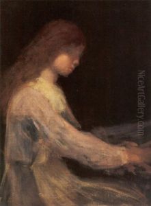Portrait Of A Young Girl Playing Piano by Arthur B. Davies
