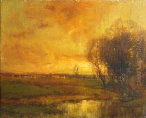 A River Landscape At Sunset A River Landscape At Sunset