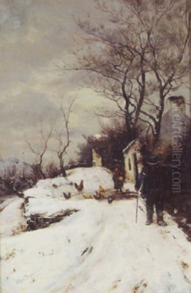Feeding Chickens - Winter Village Scene - view 1