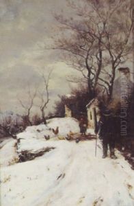 Feeding Chickens - Winter Village Scene by James Hey Davies