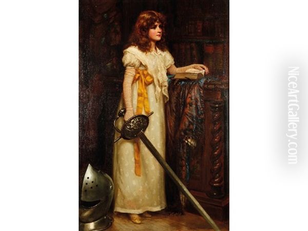 A Young Girl Wearing A White Dress And Holding A Sword, Standing Within A Library Interior - view 1