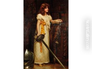 A Young Girl Wearing A White Dress And Holding A Sword, Standing Within A Library Interior by Norman Prescott Davies