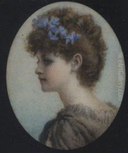 A Canadian: A Young Lady, Wearing Grey Dress And Blue Flowers In Her Upswept Hair A Canadian: A Young Lady, Wearing Grey Dress And Blue Flowers In Her Upswept Hair